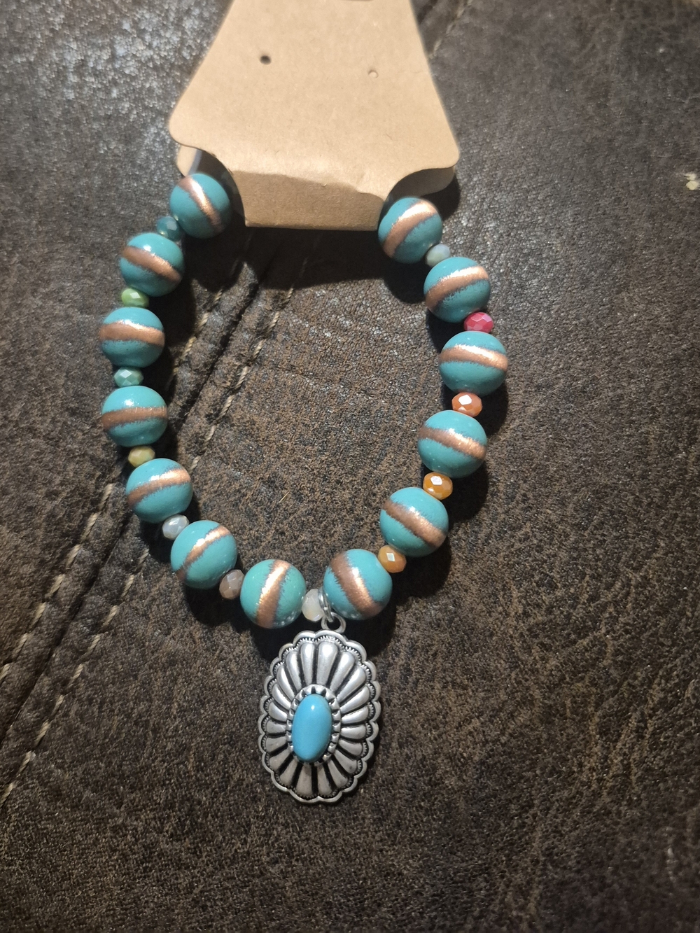 Turquoise Beaded Pendant Bracelet with Silver-Tone Concho - Women Jewelry